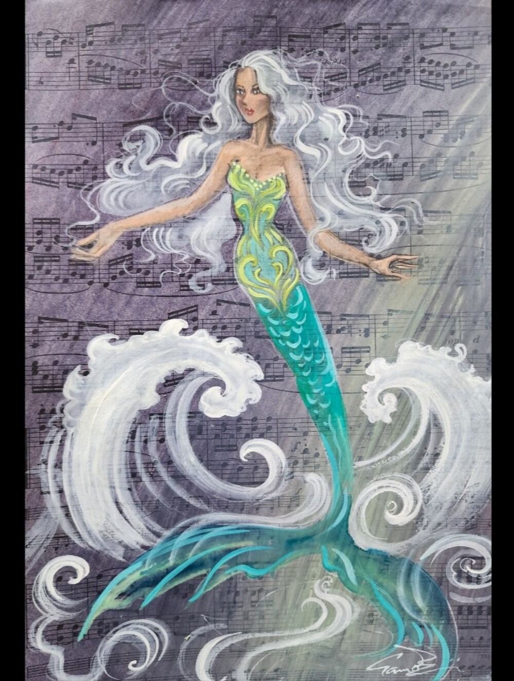 CRAMOLINI  Mermaid Orig ART Painting Drawing On Antique Music Sheet Not A print
